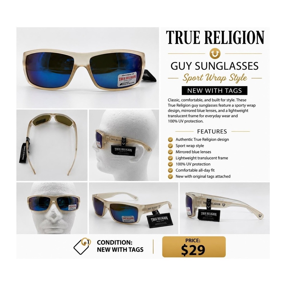 TRUE RELIGION MEN'S SPORT WRAP SUNGLASSES - White & Blue Lenses - NWT